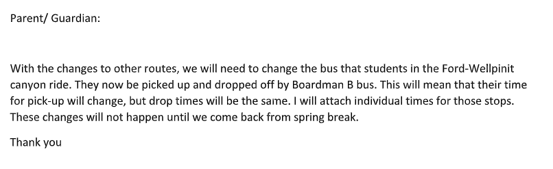 Note about bus changes in effect after spring break
